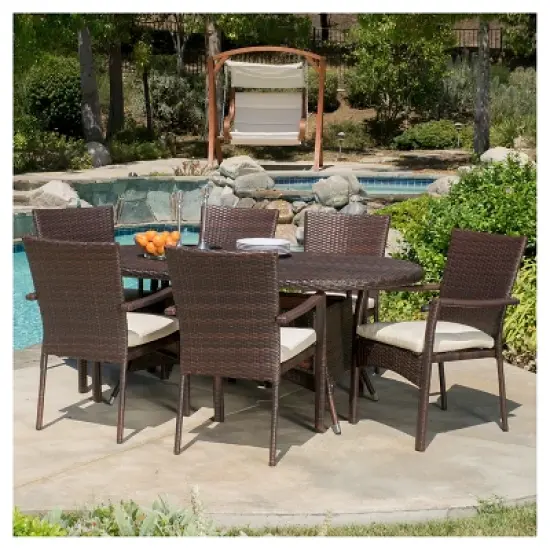 McNeil 7pc Wicker Dining Set with Cushions: Weather-Resistant, Oval Table, Polyester - Christopher Knight Home image {4}