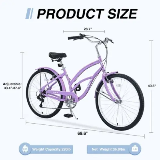 INFURNIC Bicycles 7 Speed Beach Cruiser Bike with Steel Frame and V Brakes for Women Commuter and Leisure Riding, Purple, 69.96"*28.32"*43.2" image {1}