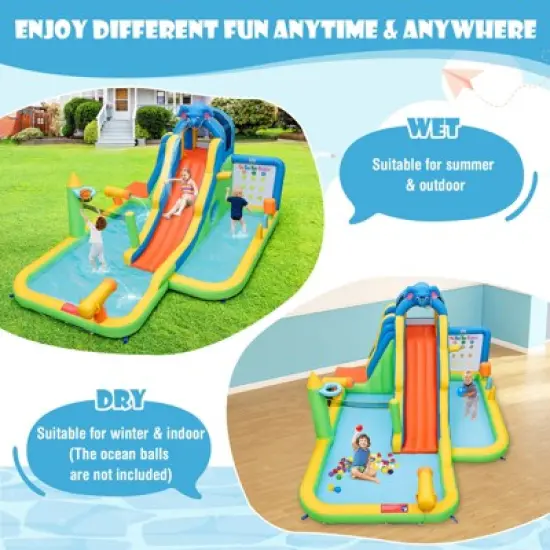 Tangkula Inflatable Water Slide 9-in-1 Blow-up Water Park for Kids with Splash Pool Climbing Wall Water Guns Basketball Toss with 735W Blower image {5}