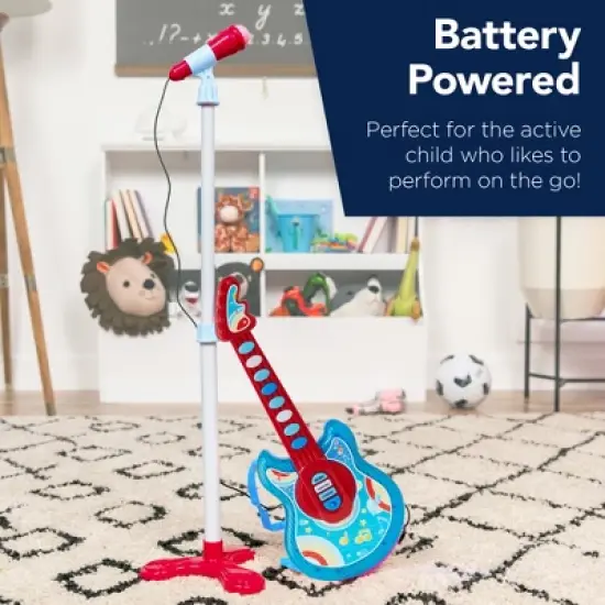 Best Choice Products 19in Kids Flash Guitar, Pretend Play Musical Instrument Toy for Toddlers w/ Mic, Stand - Blue image {2}