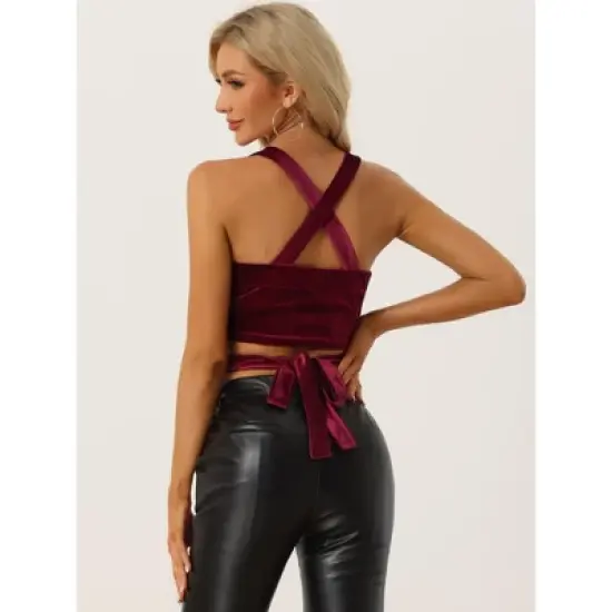 Allegra K Women's Party Velvet Sleeveless Spaghetti Strap Deep V Crop Cami Tank Top image {2}