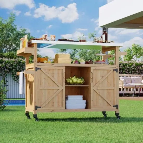 Outdoor Grill Cart with Storage Cabinet, Farmhouse Solid Wood Kitchen Island on Wheels, Outdoor Grill Table with Stainless Steel Table Top image {9}