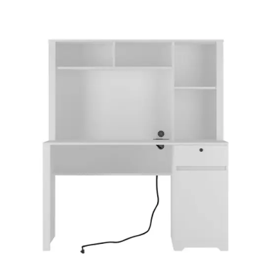 PAGED Computer Desk with Hutch and Bookshelf, Wood Executive Desk Teens Student Desk with Drawers, 3 AC Outlets and 2 USB Charging Ports, White image {4}