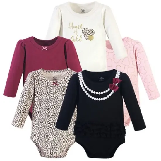 Little Treasure Baby Girl Cotton Long-Sleeve Bodysuits 5pk, Black Heart Of Gold image {2}
