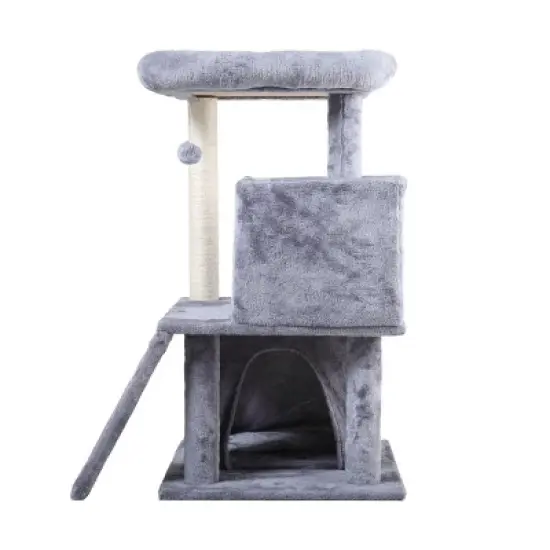 DOMETOUR Double-layer Cat Tree with Cat House and Ladder Light Gray image {4}
