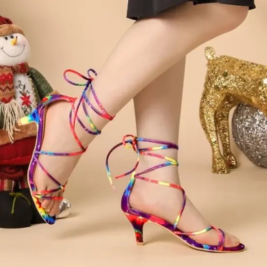 Allegra K Women's Lace Up Strappy Tie Dye Kitten Heels Sandals image {1}