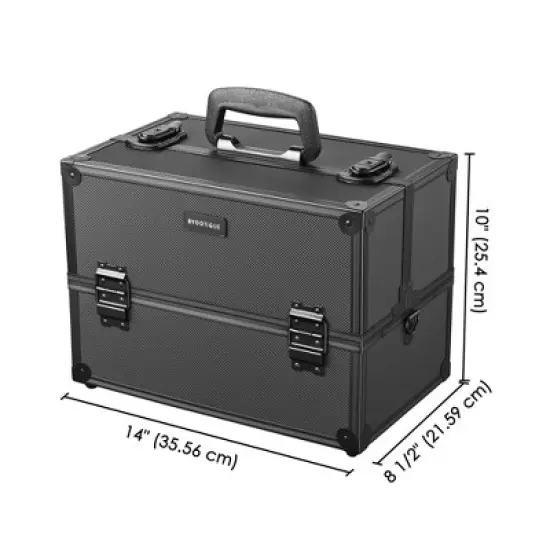 Byootique 14"x8"x10" Lockable ABS Aluminum Cosmetic Makeup Case Box Train  Black image {5}