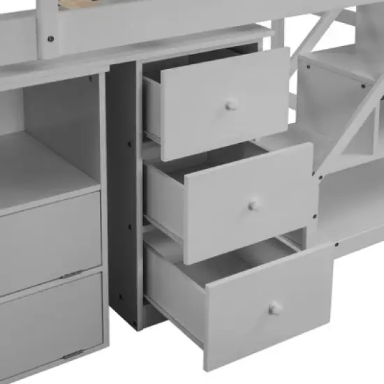 Twin Size Loft Bed with Multifunctional Movable Built-in Desk and Staircase-ModernLuxe image {7}