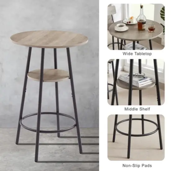 SKRAN Set of 3 Pub Table and Chairs Set, Round Counter Height Table and PU Bar Stools w/Storage Shelf for Breakfast Nook Small Bistro image {4}