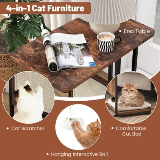 Tangkula Cat Tree & C- Shaped Cat Side Table w/ Scratching Board Hanging Toy Rustic Brown image {3}