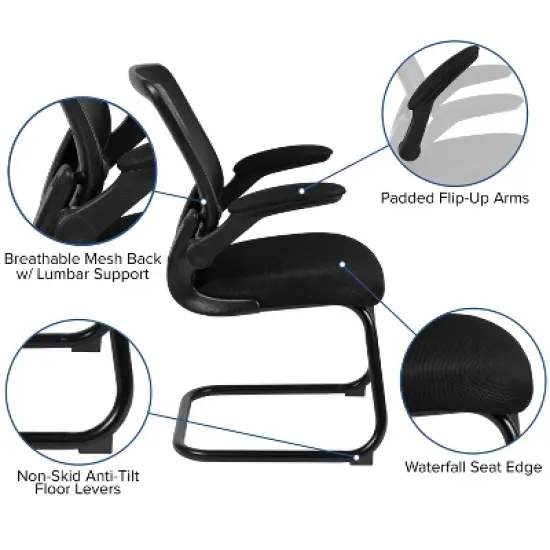 Emma and Oliver Black Mesh Sled Base Side Reception Guest Office Chair with Flip-Up Arms image {4}