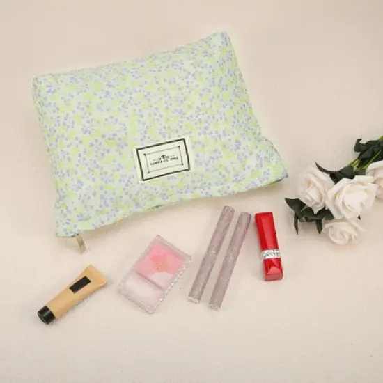 Unique Bargains Women's Canvas Flower Pattern Makeup Bag Green image {3}