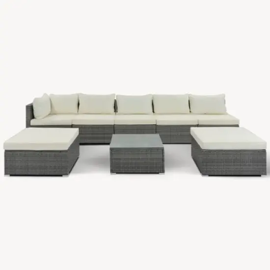 8-Pieces Patio Furniture Set, Sectional Couch With 2 Ottomans, Coffee Table, Corner Sofa, 4 Single Sofa, Anti Slip Feet, For Garden, Beige image {3}