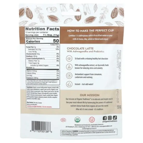 Organic Traditions Chocolate Latte with Ashwagandha and Probiotics, 5.3 oz (150 g) image {1}