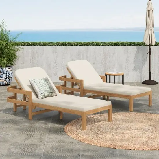 Christopher Knight Home Paolo Outdoor Adjustable Acacia Wood Chaise Lounge with Cushion (Set of 2) image {1}