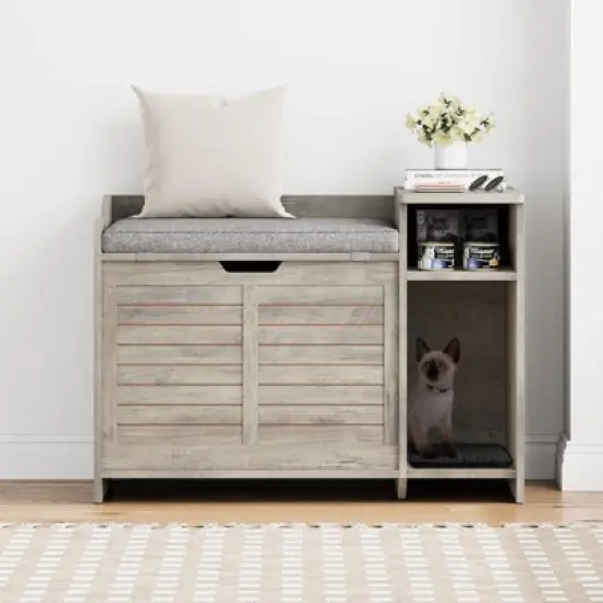 coucheta Top-Opening Hidden Cat Litter Box Enclosure, Disguised Litter Box Furniture Cabinet with Cushion & Storage Shelf, Wooden Pet House Side Table image {7}