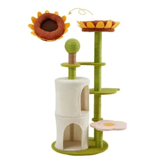 EROMMY 44" Sunflower Cat Tree, Multi-Functional Cozy Cat Tower,Green image {5}