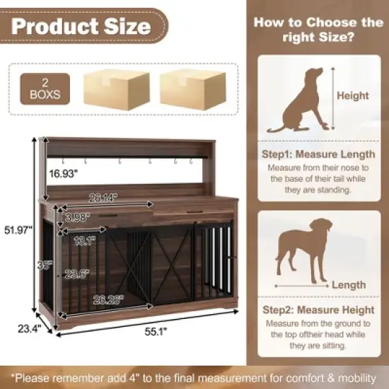 Dog Crate Furniture for Large or 2 Medium Dogs, Heavy Duty Dog Cage Table with 2 Storage Drawers and Shelves,for 2 Dogs with Divider Locks image {9}