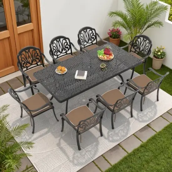 9-Piece Cast Aluminum Outdoor Dining Set: Rectangle Table, Stackable Chairs & Brown Cushions - All-Weather Patio Furniture for Your Backyard image {10}