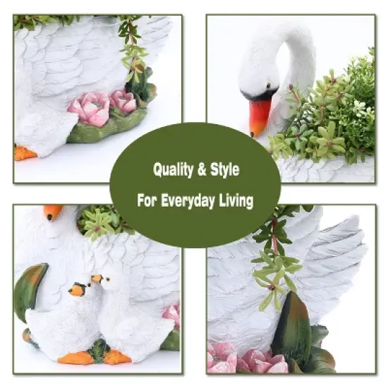 LuxenHome White Resin Swan Family Planter image {3}