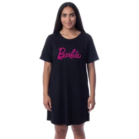 Barbie Womens' Classic Title Logo Icon Nightgown Sleep Pajama Shirt Black image {4}