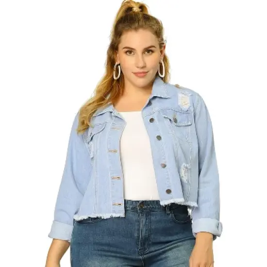 Agnes Orinda Women's Plus Size Washed Ripped Distressed Cropped Frayed Denim Jacket image {3}