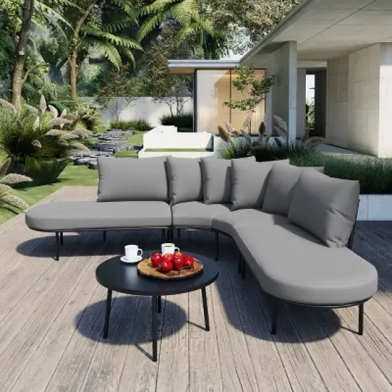 4 Piece Outdoor Patio Conversation Sets,Metal Outdoor Sectional Sofa Set,L-Shaped Outdoor Couch with Coffee Table and Sponge Cushions-Coolbibila image {8}