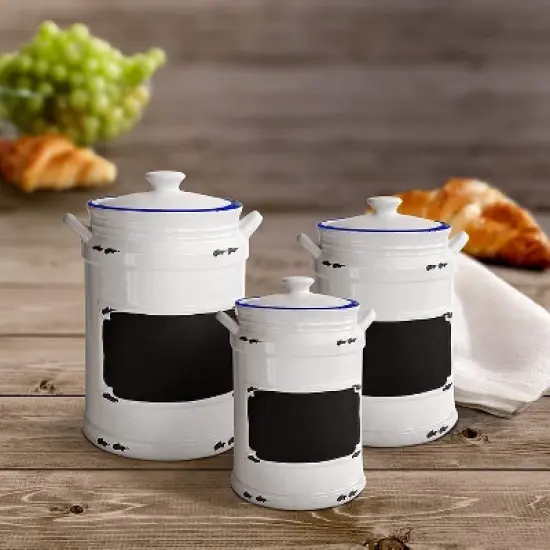 American Atelier Vintage Chalkboard Canister Ceramic Jars w/ Lids, 3-Piece Set, Blue, 20, 42, And 64-ounce Capacity image {2}