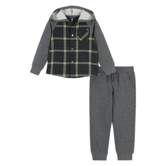 Andy & Evan  Infant  Boys Green Plaid Hooded Flannel Buttondown Set image {4}