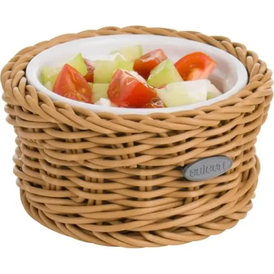 Saleen Round Wicker Basket with Porcelain Bowl Insert - Elegant Beige Addition image {2}