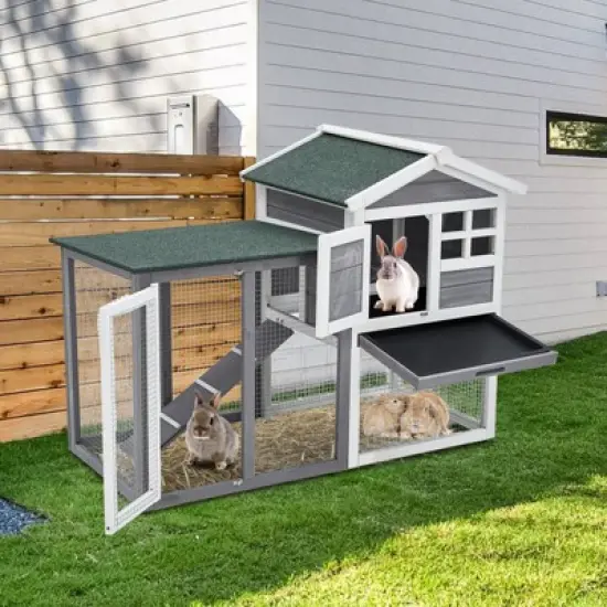 Whizmax Wooden Rabbit Hutch, Small Animal Habitat with Weather-Resistant House & Courtyard, Outdoor Bunny House with Wire Fence and Cleaning Tray image {5}