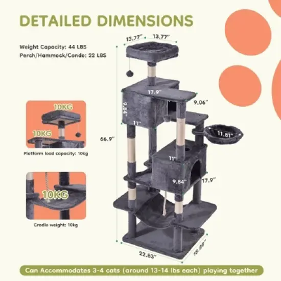 JIONJOY 66" Multi-Level Cat Tree - 2 Large Condos, Sisal Scratching Posts & Hammock, Stable Indoor Cat Tower-Dark Grey image {7}