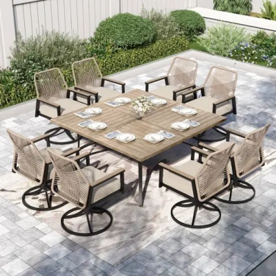 Captiva Designs 9pc Patio Square Driftwood Metal Dining Table and Thick Cushion Swivel Wicker Chairs image {10}