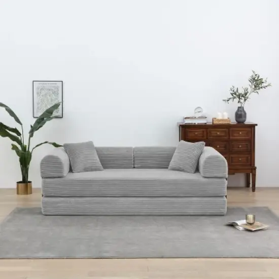 Convertible Sofa Couch with Cylindrical Pillows, Corduroy Folding Floor Sofa with Fixed-Shape Frame for Living Room-Maison Boucle image {11}