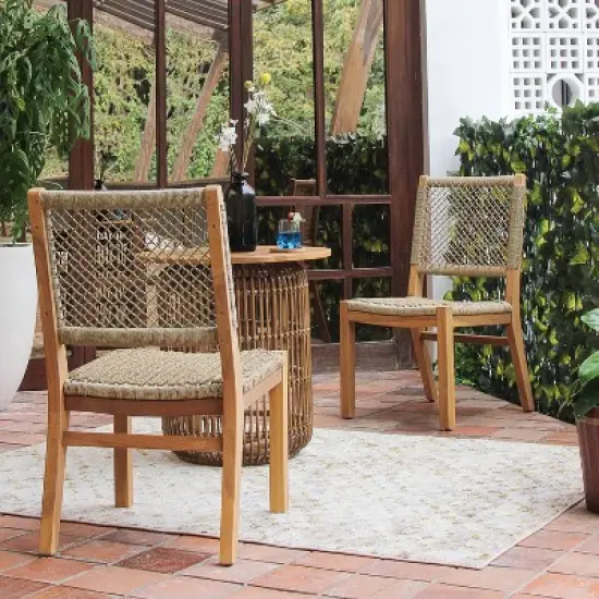 Cambridge Casual Carmel 2pc Teak Wood Honey Twist Wicker Outdoor Dining Chair: Weather-Resistant, Armless image {1}