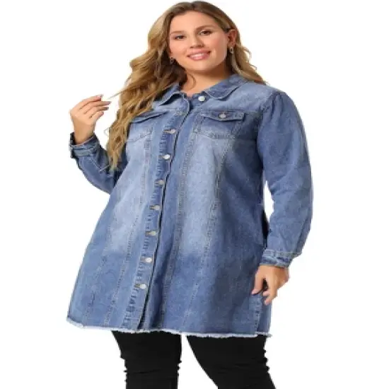 Agnes Orinda Women's Plus Size Long Sleeve Raw Hem Long Denim Jacket image {3}