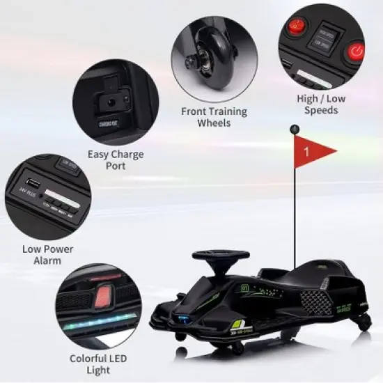 Kids Electric Drift Car, 24V Ride-On Go-Kart, Speed Up to 7.5MPH, Built-in Music, Colorful LED Tail Lights, Low-Power Alarm, for Boys Girls image {1}