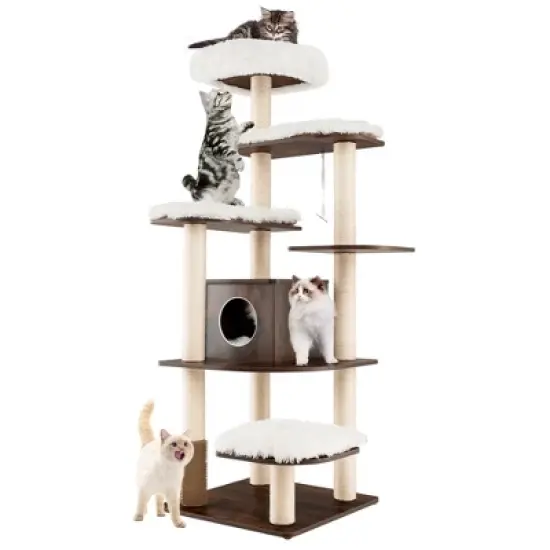 Costway Wooden Cat Tree 71'' 7-Layer Cat Tower with Sisal Scratching Posts Perch & Cushions Brown/Natural image {10}