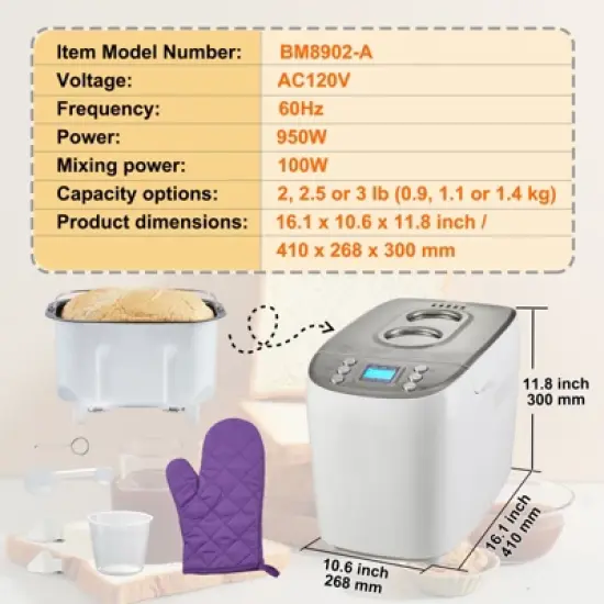 VEVOR Bread Maker, 15-in-1 3LB Dough Machine, Nonstick Ceramic Pan Automatic Breadmaker with Gluten Free Setting, Digital, Programmable image {7}