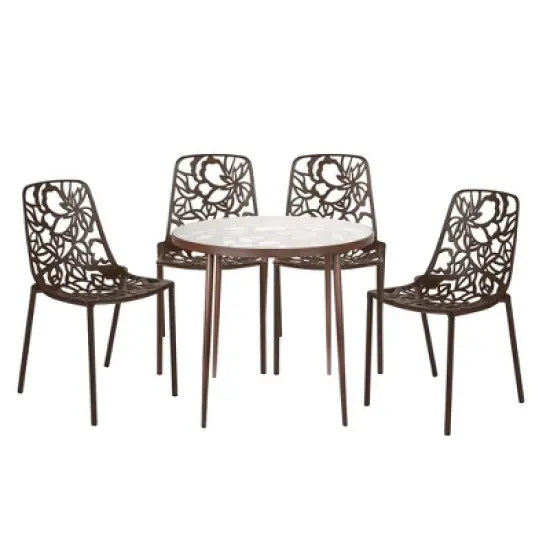 LeisureMod Devon 5-Piece Aluminum Outdoor Patio Dining Set with Tempered Glass Top Table and 4 Stackable Flower Design Chairs image {17}
