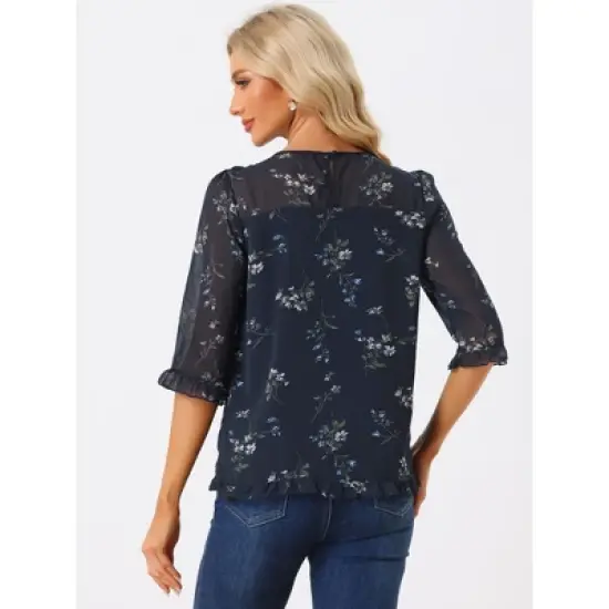 Allegra K Women's Casual Round Neck Ruffle 3/4 Sleeve Floral Print Chiffon Blouse image {3}