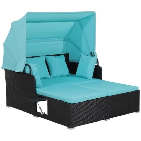 Tangkula Patio Hand-Woven PE Wicker Daybed Outdoor Loveseat Sofa Set w/ Turquoise Cushions image {9}