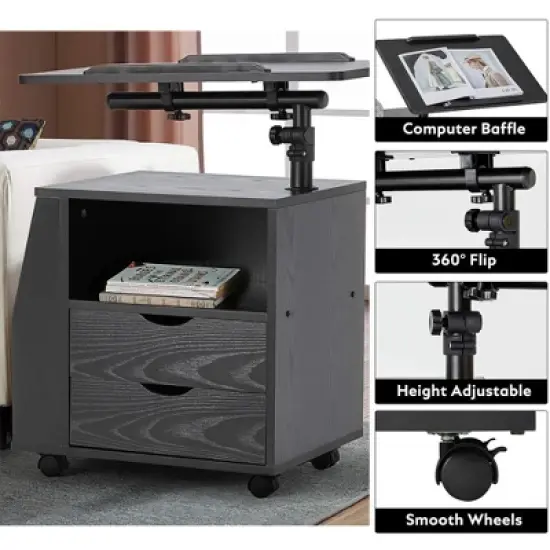 EROMMY 360 Degree Swivel Top Adjustable Height Bedside Nightstand End Table with Storage Drawers, Shelves, Lockable Wheels, and Computer Baffle, Black image {1}