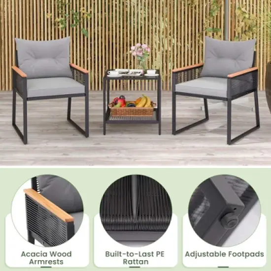 Costway 3 PCS Outdoor Conversation Set with 2-Layer Side Table Acacia Wood Armrests image {7}
