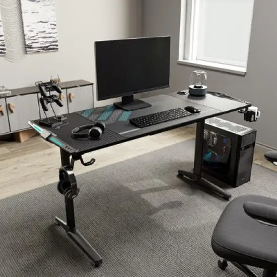 EUREKA ERGONOMIC Gaming Desk with Built-in Accessories,58.27" D x 23.62" W x 31.22" H,Black image {3}