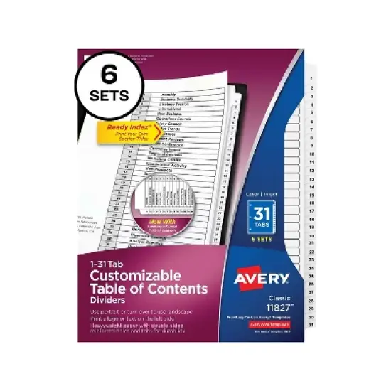 Avery Pre-Printed 31-Tab Numeric Dividers Customizable 11827 image {2}