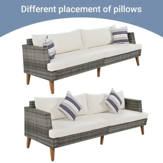 FIONECA 6-Piece All-Weather PE Wicker Outdoor Sofa Set with Double Cushions, Wood Legs & Tabletop, Beige and Gray Rattan Patio Furniture image {1}