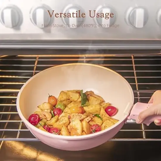 Itopfox 21-Piece Nonstick Pots and Pans Set with Removable Handles, Ceramic Cookware for RV Kitchen, Induction Compatible, Stackable Design, Pink image {2}