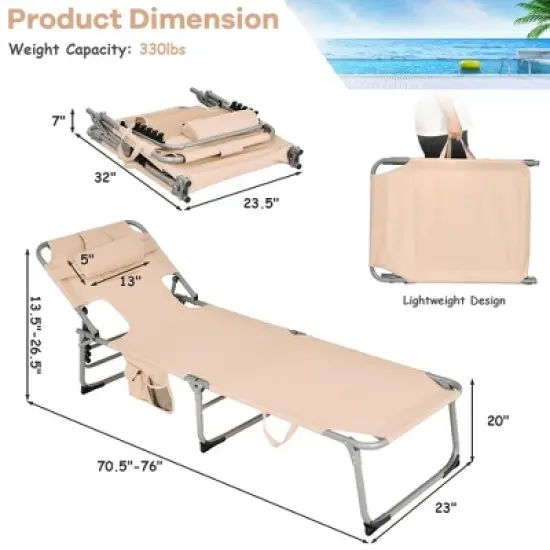 Tangkula Portable Beach Chaise Lounge Chair Folding Reclining Chair w/ Facing Hole Beige image {2}