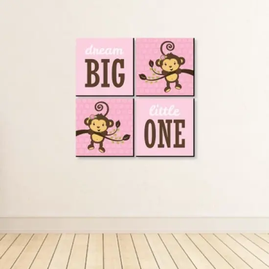 Big Dot of Happiness Pink Monkey Girl - Kids Room, Nursery Decor and Home Decor - 11 x 11 inches Nursery Wall Art - Set of 4 Prints for baby's room image {3}